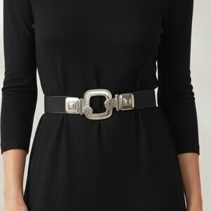 Chico's Silver Statement Belt Buckle Black Adjustable Leather M/L Belt